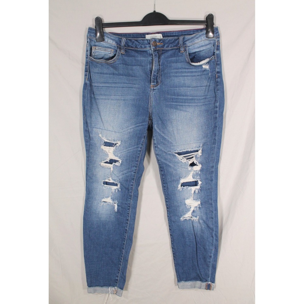 CELLO Blue Denim HIGH-RISE Destroyed ROLLED ANKLE HEM Skinny Leg JEANS Sz 16